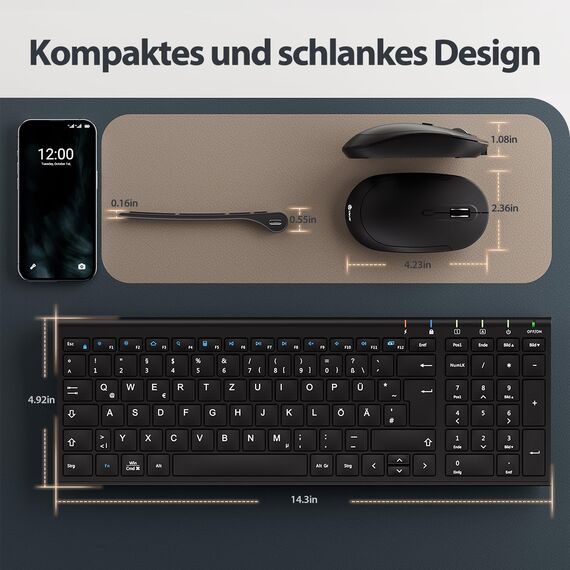 iClever Kabellos Tastatur Maus Set, Wiederaufladbare Kabellose Tastatur und Maus, QWERTZ Layout (Deutsch), Ultra Thin für Computer/Desktop/PC/Laptop/Windows 10/8/7, Weiß und Silber