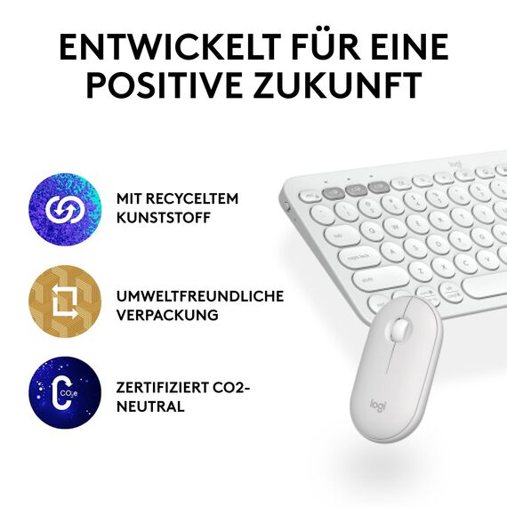 Logitech Pebble 2 Combo, kabellose Tastatur und Maus, leise und mobil, anpassbar, Logi Bolt, Bluetooth, Easy-Switch für Windows, macOS, iPadOS, Chrome - Deutsches QWERTZ-Layout, Weiß