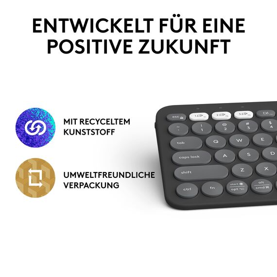 Logitech Pebble Keys 2 K380s, kabellose Multi-Device Bluetooth-Tastatur mit anpassbaren Sondertasten, schlank, mobil, Easy-Switch - Windows, macOS, iPadOS, Android, ChromeOS, Deutsches QWERTZ,Graphit