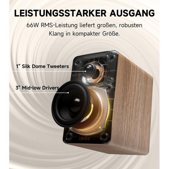 Edifier M60 Multimedia-Lautsprecher Bluetooth 5.3, 66W RMS, Hi-Res Audio & Hi-Res Wireless Audio, LDAC, 3" Mittelbass & 1" Hochtöner, USB-C & Aux-Eingänge, Kompakter Desktop Lautsprecher - Klasse Oak