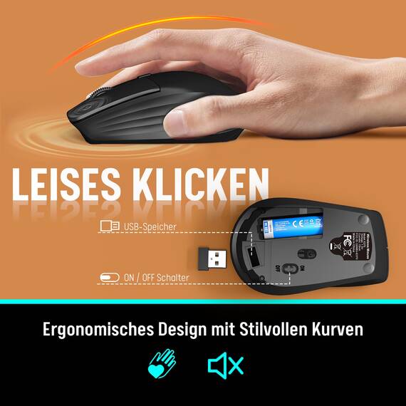 Tastatur Maus Set Kabellos, Leise 2,4 GHz Tastatur in voller Größe mit Handballenauflage, Telefonhalter, Multimediatasten, Kabelloses Set für Windows, Chrome OS, PC, Laptop (Batterien) - KM31