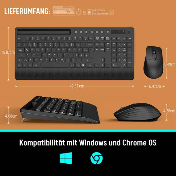 Tastatur Maus Set Kabellos, Leise 2,4 GHz Tastatur in voller Größe mit Handballenauflage, Telefonhalter, Multimediatasten, Kabelloses Set für Windows, Chrome OS, PC, Laptop (Batterien) - KM31