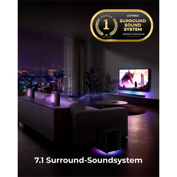 ULTIMEA 7.1 Virtual Surround Soundbar, Soundbar für TV Geräte mit 2 Surround Lautsprecher, Surround Sound System mit RGB Licht, 6.5" Subwoofer, App, HDMI/Opt/AUX/Bluetooth®, Apollo S70 Ultra