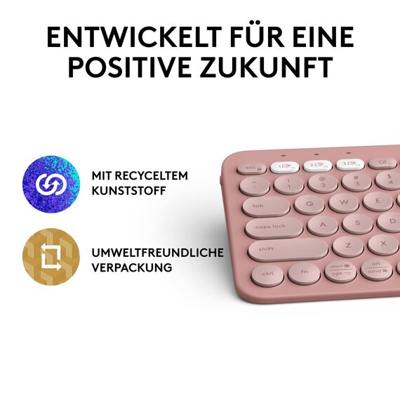Logitech Pebble Keys 2 K380s, kabellose Multi-Device Bluetooth-Tastatur mit anpassbaren Sondertasten, schlank - mobil, Easy-Switch für Windows, macOS, iPadOS, Android, ChromeOS, Deutsches QWERTZ,Rosa