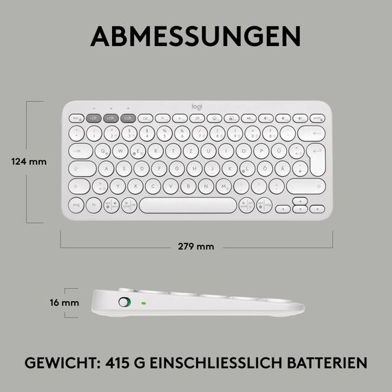 Logitech Pebble Keys 2 K380s, kabellose Multi-Device Bluetooth-Tastatur mit anpassbaren Sondertasten, schlank und mobil, Easy-Switch - Windows, macOS, iPadOS, Android, ChromeOS, Deutsches QWERTZ,Weiß