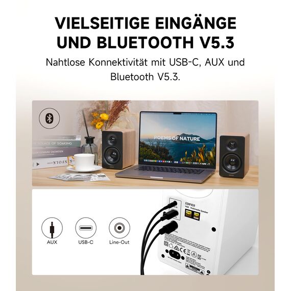 Edifier M60 Multimedia-Lautsprecher Bluetooth 5.3, 66W RMS, Hi-Res Audio & Hi-Res Wireless Audio, LDAC, 3" Mittelbass & 1" Hochtöner, USB-C & Aux-Eingänge, Kompakter Desktop Lautsprecher - Klasse Oak