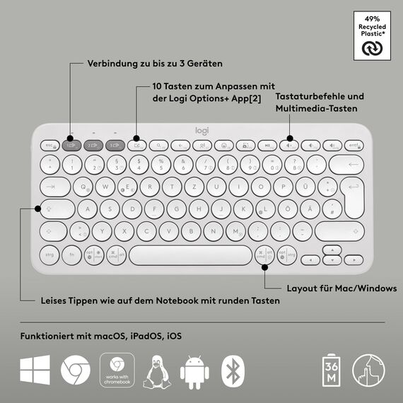 Logitech Pebble Keys 2 K380s, kabellose Multi-Device Bluetooth-Tastatur mit anpassbaren Sondertasten, schlank und mobil, Easy-Switch - Windows, macOS, iPadOS, Android, ChromeOS, Deutsches QWERTZ,Weiß