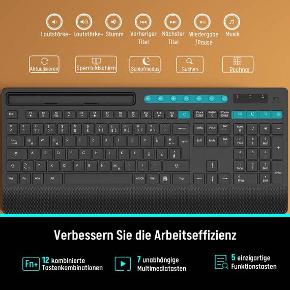 Tastatur Maus Set Kabellos, Leise 2,4 GHz Tastatur in voller Größe mit Handballenauflage, Telefonhalter, Multimediatasten, Kabelloses Set für Windows, Chrome OS, PC, Laptop (Batterien) - KM31