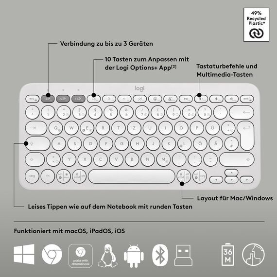 Logitech Pebble 2 Combo, kabellose Tastatur und Maus, leise und mobil, anpassbar, Logi Bolt, Bluetooth, Easy-Switch für Windows, macOS, iPadOS, Chrome - Deutsches QWERTZ-Layout, Weiß