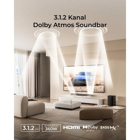 ULTIMEA Soundbar 3.1.2-Kanal-Surround-Sound-System für Fernseher mit 6,5-Zoll-Subwoofer, Soundbar für TV-Geräte mit Subwoofer für Heimkino, BT 5.4, HDMI eARC, Skywave F30 Boom