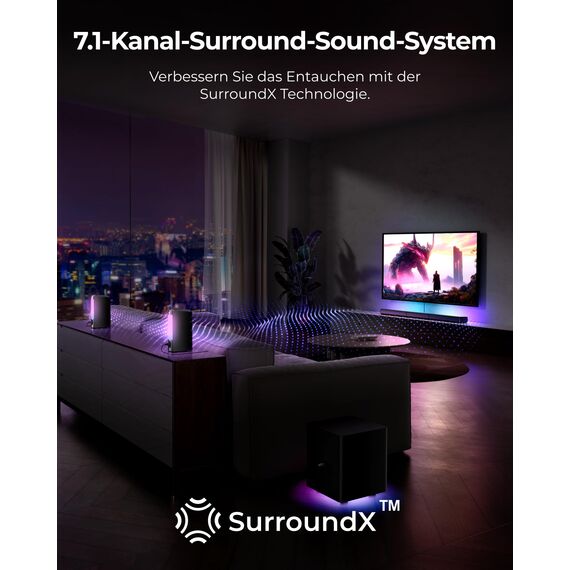 ULTIMEA 7.1 Virtual Surround Soundbar, Soundbar für TV Geräte mit 2 Surround Lautsprecher, Surround Sound System mit RGB Licht, 6.5" Subwoofer, App, HDMI/Opt/AUX/Bluetooth®, Apollo S70 Ultra