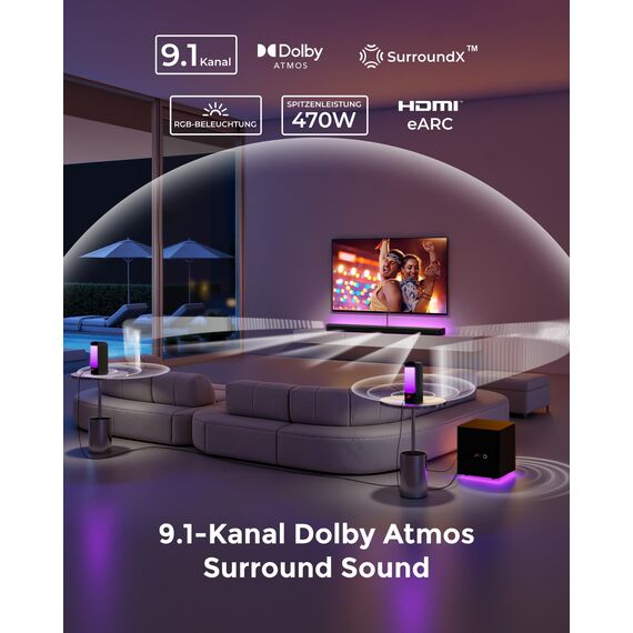 ULTIMEA 9.1 Soundbar für TV Geräte, 470W Surround Sound System mit 2 Rear-Lautsprechern, Teilbare Dolby Atmos Soundsystem mit 6,5″ Wireless Subwoofer RGB Soundbar, HDMI/AUX/Bluetooth, Apollo S90