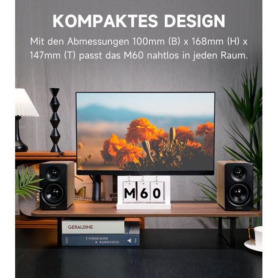 Edifier M60 Multimedia-Lautsprecher Bluetooth 5.3, 66W RMS, Hi-Res Audio & Hi-Res Wireless Audio, LDAC, 3" Mittelbass & 1" Hochtöner, USB-C & Aux-Eingänge, Kompakter Desktop Lautsprecher - Klasse Oak