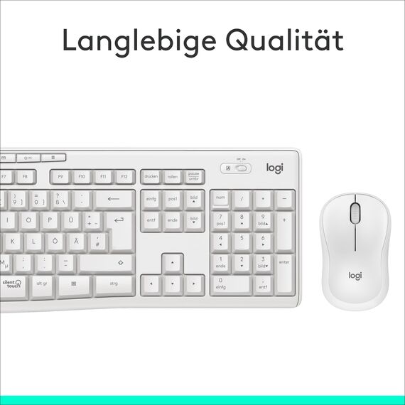 Logitech MK295 kabelloses Tastatur-Maus-Set mit SilentTouch-Technologie, Shortcut-Tasten, optischer Spurführung, Nano USB-Empfänger, verzögerungsfreier Drahtlosverbindung, QWERTZ layout- Weiß