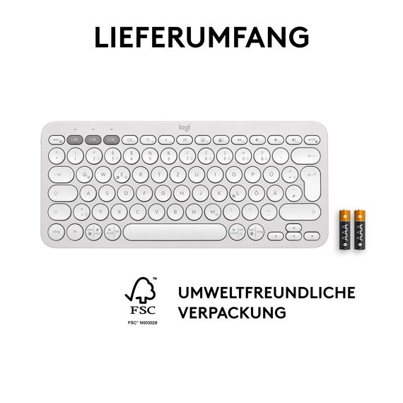 Logitech Pebble Keys 2 K380s, kabellose Multi-Device Bluetooth-Tastatur mit anpassbaren Sondertasten, schlank und mobil, Easy-Switch - Windows, macOS, iPadOS, Android, ChromeOS, Deutsches QWERTZ,Weiß