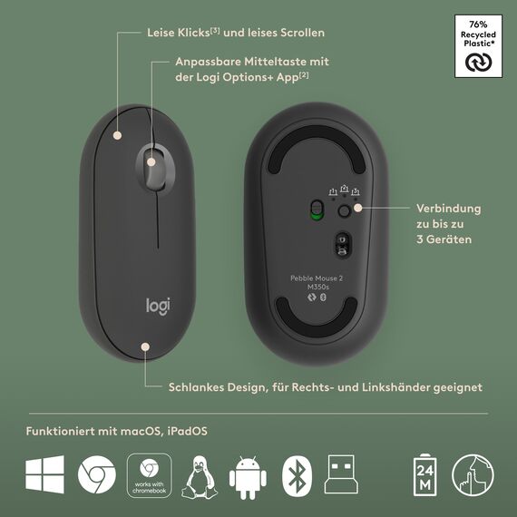 Logitech Pebble 2 Combo, kabellose Tastatur und Maus, leise und mobil, anpassbar, Logi Bolt, Bluetooth, Easy-Switch für Windows, macOS, iPadOS, Chrome - Deutsches QWERTZ-Layout, Weiß