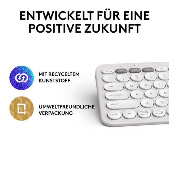 Logitech Pebble Keys 2 K380s, kabellose Multi-Device Bluetooth-Tastatur mit anpassbaren Sondertasten, schlank und mobil, Easy-Switch - Windows, macOS, iPadOS, Android, ChromeOS, Deutsches QWERTZ,Weiß