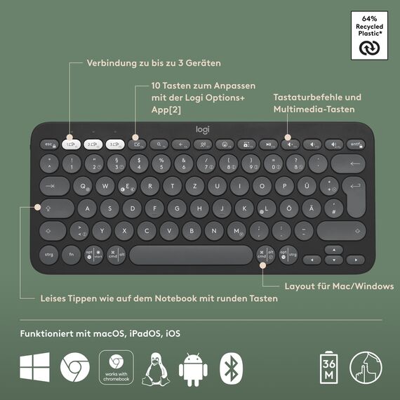 Logitech Pebble Keys 2 K380s, kabellose Multi-Device Bluetooth-Tastatur mit anpassbaren Sondertasten, schlank, mobil, Easy-Switch - Windows, macOS, iPadOS, Android, ChromeOS, Deutsches QWERTZ,Graphit