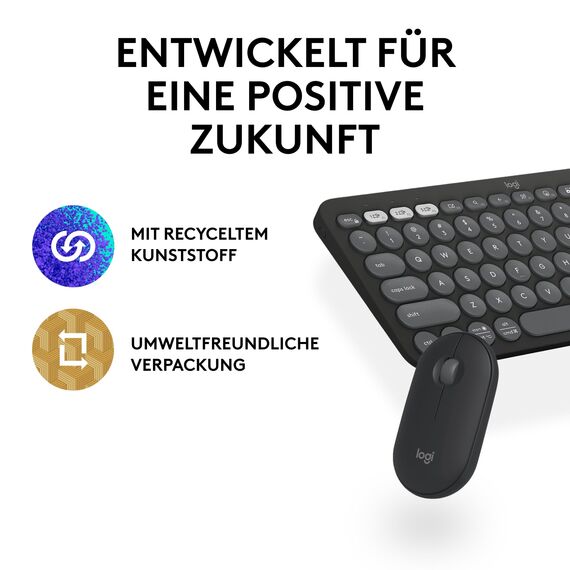 Logitech Pebble 2 Combo, kabellose Tastatur und Maus, leise und mobil, anpassbar, Logi Bolt, Bluetooth, Easy-Switch für Windows, macOS, iPadOS, Chrome - Deutsches QWERTZ-Layout, Weiß