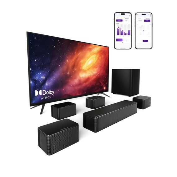 ULTIMEA 7.1 Surround Sound System für TV mit Dolby Atmos, App Steuerung, 4 kabelgebundene Surround-Lautsprecher, 460W Soundbar für Smart TV mit Wireless Subwoofer, Heimkino Sound System, Poseidon D80
