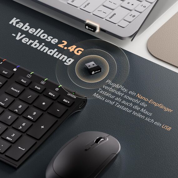iClever Kabellos Tastatur Maus Set, Wiederaufladbare Kabellose Tastatur und Maus, QWERTZ Layout (Deutsch), Ultra Thin für Computer/Desktop/PC/Laptop/Windows 10/8/7, Weiß und Silber