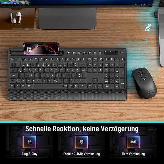 Tastatur Maus Set Kabellos, Leise 2,4 GHz Tastatur in voller Größe mit Handballenauflage, Telefonhalter, Multimediatasten, Kabelloses Set für Windows, Chrome OS, PC, Laptop (Batterien) - KM31