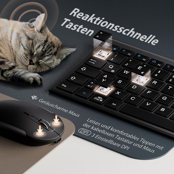 iClever Kabellos Tastatur Maus Set, Wiederaufladbare Kabellose Tastatur und Maus, QWERTZ Layout (Deutsch), Ultra Thin für Computer/Desktop/PC/Laptop/Windows 10/8/7, Weiß und Silber
