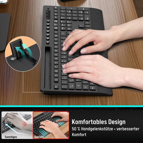 Tastatur Maus Set Kabellos, Leise 2,4 GHz Tastatur in voller Größe mit Handballenauflage, Telefonhalter, Multimediatasten, Kabelloses Set für Windows, Chrome OS, PC, Laptop (Batterien) - KM31