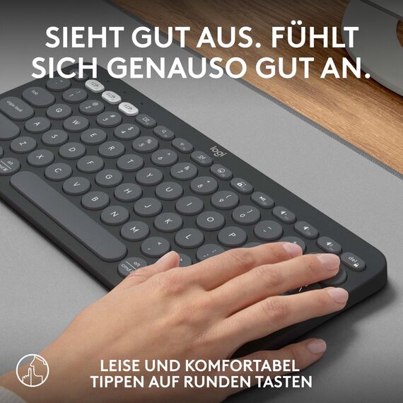 Logitech Pebble Keys 2 K380s, kabellose Multi-Device Bluetooth-Tastatur mit anpassbaren Sondertasten, schlank, mobil, Easy-Switch - Windows, macOS, iPadOS, Android, ChromeOS, Deutsches QWERTZ,Graphit
