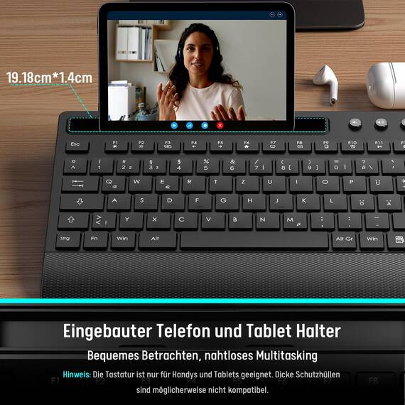 Tastatur Maus Set Kabellos, Leise 2,4 GHz Tastatur in voller Größe mit Handballenauflage, Telefonhalter, Multimediatasten, Kabelloses Set für Windows, Chrome OS, PC, Laptop (Batterien) - KM31