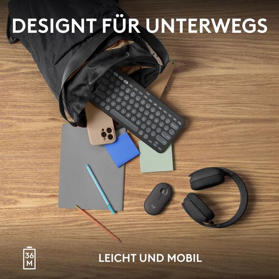 Logitech Pebble Keys 2 K380s, kabellose Multi-Device Bluetooth-Tastatur mit anpassbaren Sondertasten, schlank, mobil, Easy-Switch - Windows, macOS, iPadOS, Android, ChromeOS, Deutsches QWERTZ,Graphit