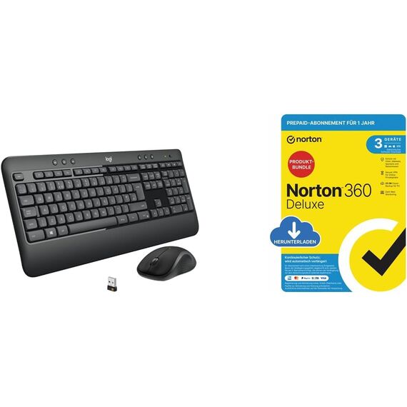 Logitech MK540 Advanced Kabellose Tastatur und Maus Combo - Schwarz + Norton 360 Deluxe 2024, Antivirensoftware für 3 Geräte