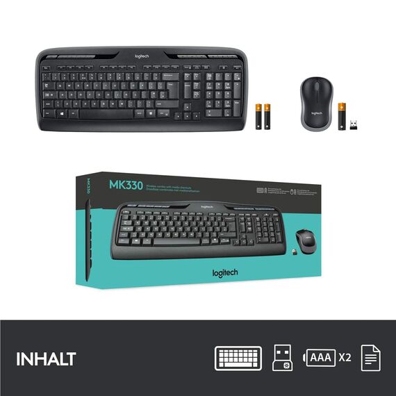 Logitech MK330 Kabelloses Tastatur-Maus-Set, 2.4 GHz Verbindung via USB-Empfänger, 4 programmierbare G-Tasten, 12 bis 24-Monate Batterielaufzeit, PC/Laptop, Deutsches QWERTZ-Layout - Schwarz