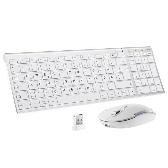 Tastatur Maus Set Kabellos, iClever kabellose Tastatur und Maus Ultra-Dünne Wiederaufladbare Funktastatur für PC/Laptop/Smart TV, QWERTZ Layout, Weiß