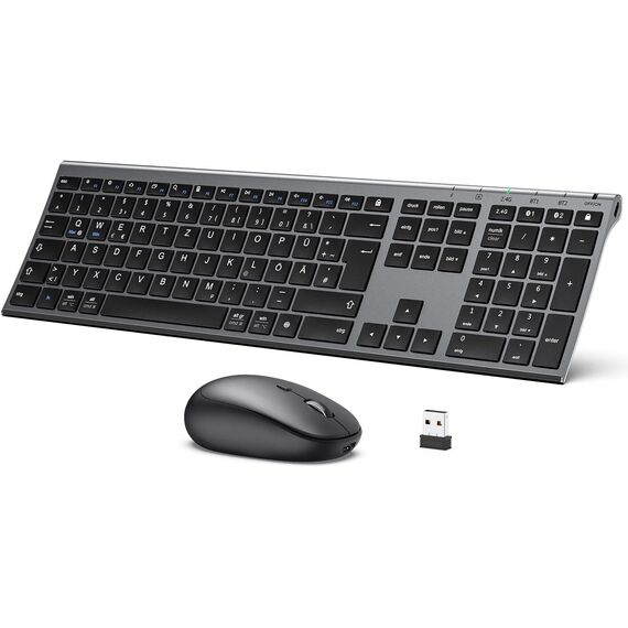 iClever Bluetooth Tastatur mit Maus, Wiederaufladbare Dualmodus USB & Bluetooth Tastatur aus Metall, 3 Geräte Verbindung Deutsch QWERTZ Funktastatur, für PC/Tablet/MacOS (Grau)