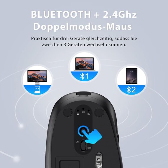 iClever Bluetooth Tastatur mit Maus, Wiederaufladbare Dualmodus USB & Bluetooth Tastatur aus Metall, 3 Geräte Verbindung Deutsch QWERTZ Funktastatur, für PC/Tablet/MacOS (Grau)