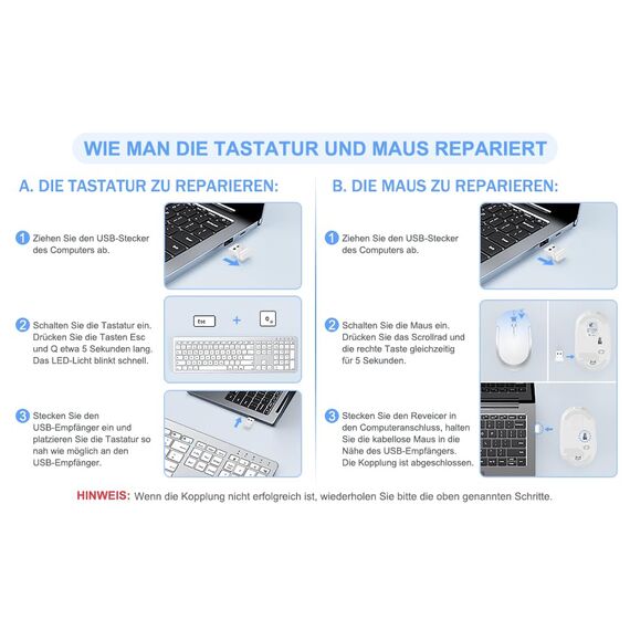 Tastatur Maus Set Kabellos, seenda SK38-3 Ultra-Dünne Wiederaufladbare Funktastatur, Ergonomische Keyboard Mouse mit Silikon Staubschutz für PC/Laptop/Smart TV, QWERTZ Layout Weiß und Silber