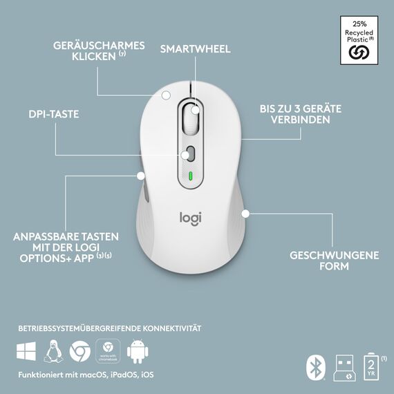 Logitech MK950 Signature Slim kabelloses Tastatur-Maus-Set, schlankes Design, leise tippen, Wechsel zwischen DREI Geräten, Bluetooth, mehrere Betriebssysteme, Windows und Mac, DEU QWERTZ-Layout, Weiß