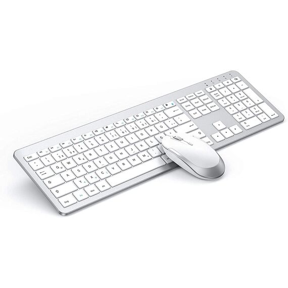 Tastatur Maus Set Kabellos, seenda SK38-3 Ultra-Dünne Wiederaufladbare Funktastatur, Ergonomische Keyboard Mouse mit Silikon Staubschutz für PC/Laptop/Smart TV, QWERTZ Layout Weiß und Silber