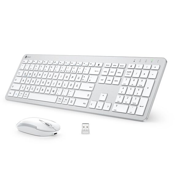 iClever Tastatur Maus Set Kabellos, Wiederaufladbare Kabellose Tastatur und Maus, Deutsch QWERTZ Layout, 2.4 GHz Funk Tastatur mit Maus für PC/Laptop/Smart TV, Weiß