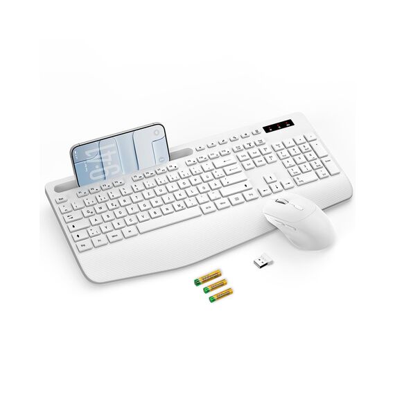 Tastatur Maus Set kabellos, 2.4G keine Latenz Ergonomische Tastatur kabellos Set, Handballenauflage, Telefonhalter, Akku im Lieferumfang enthalten, Leise Maus und Tastatur für Laptop, PC, Windows-Weiß