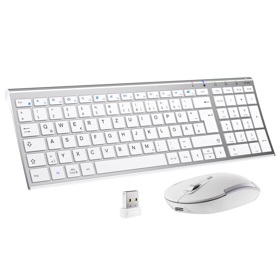 Tastatur Maus Set Kabellos, iClever Kabellose Tastatur und Maus, Wiederaufladbare, Deutsche QWERTZ Layout Funktastatur für Computer/Desktop/PC/Laptop/Windows 10/8/7, Weiß und Silber