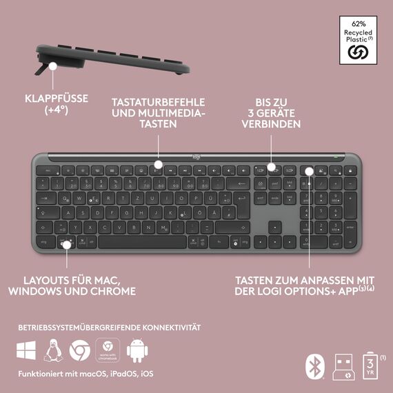 Logitech Signature Slim K950 kabellose Tastatur, schlankes Design, Wechseln zwischen Geräten beim Tippen, leises, Bluetooth, Multi-OS, Windows, Mac, Chrome, DEU QWERTZ-Layout, Graphit