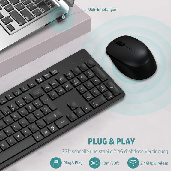 LeadsaiL K786 Tastatur Maus Set Kabellose, Tastatur und Maus, QWERTZ Deutsches Layout Funktastatur mit Maus, Flüsterleiser Tastenanschlag, 2.4 GHz mit 2-in-1 USB Nano Empfänger für PC/Laptop(Schwarz)