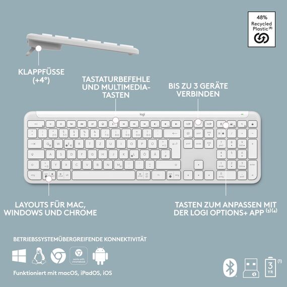 Logitech MK950 Signature Slim kabelloses Tastatur-Maus-Set, schlankes Design, leise tippen, Wechsel zwischen DREI Geräten, Bluetooth, mehrere Betriebssysteme, Windows und Mac, DEU QWERTZ-Layout, Weiß