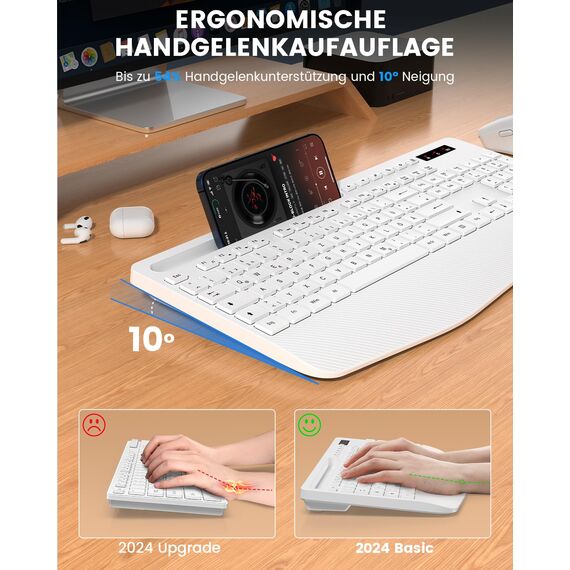 Tastatur Maus Set kabellos, 2.4G keine Latenz Ergonomische Tastatur kabellos Set, Handballenauflage, Telefonhalter, Akku im Lieferumfang enthalten, Leise Maus und Tastatur für Laptop, PC, Windows-Weiß