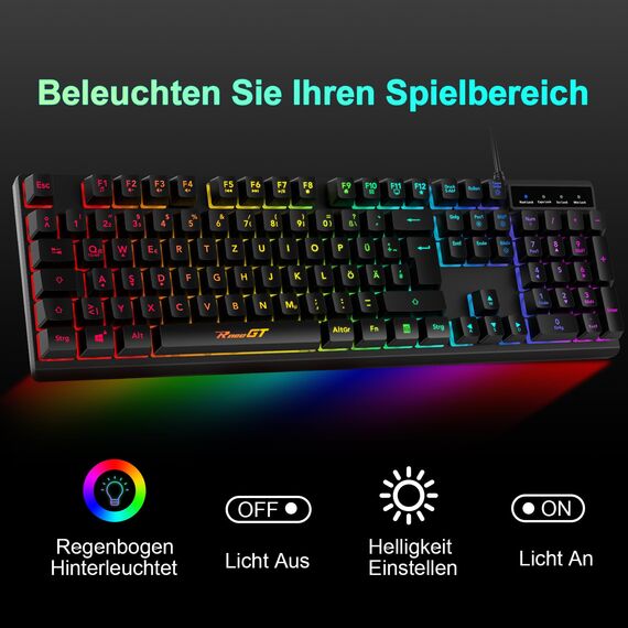 Maus und Tastatur Gaming Büro,RaceGT Tastatur Kabel RGB Beleuchtet LED Hintergrundbeleuchtung Wasserdicht 104 Tasten, Kabel Maus mit 7 Tasten 6400 DPI für PC Gamer Laptop QWERTZ (DE-Layout)