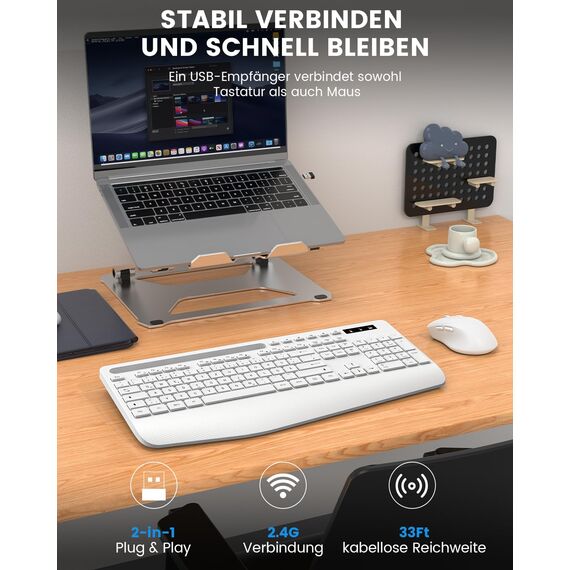 Tastatur Maus Set kabellos, 2.4G keine Latenz Ergonomische Tastatur kabellos Set, Handballenauflage, Telefonhalter, Akku im Lieferumfang enthalten, Leise Maus und Tastatur für Laptop, PC, Windows-Weiß