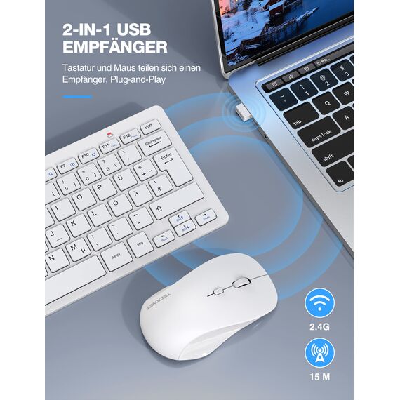 TECKNET Kabelloses Tastatur Maus Set, Deutsch QWERTZ Layout, 2.4 GHz Funk Mini Tastatur Mouse, 15m Reichweite Verbindung, Wireless Leise Funktastatur mit Maus für PC, Laptop, Smart TV, Weiß
