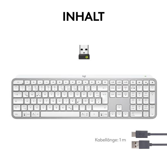 Logitech MX Keys S kabellose Tastatur, Low Profile, Fluid Quiet Typing, Programmable, Backlighting, Bluetooth, USB C Rechargeable, für Windows PC, Linux, Chrome, Mac, Deutsches QWERTZ, Pale Grey